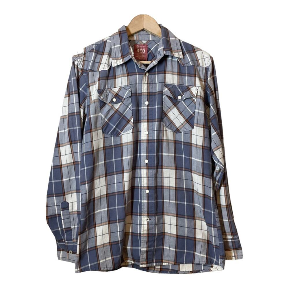 Wrangler Western Shirt Blue Plaid Pearl Snap Mens Medium Long Sleeve Rodeo